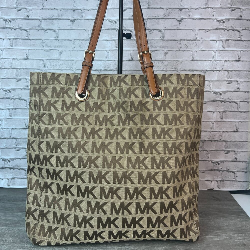 MICHAEL Michael Kors North South Jet Set Tote Bag Large Beige Mocha Canvas Logo